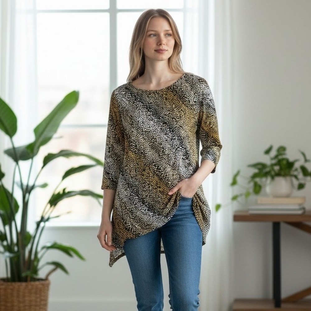 JM Collection Womens 1X Tunic Top Animal Print Sharkbite Hem 3/4 Sleeve Gold